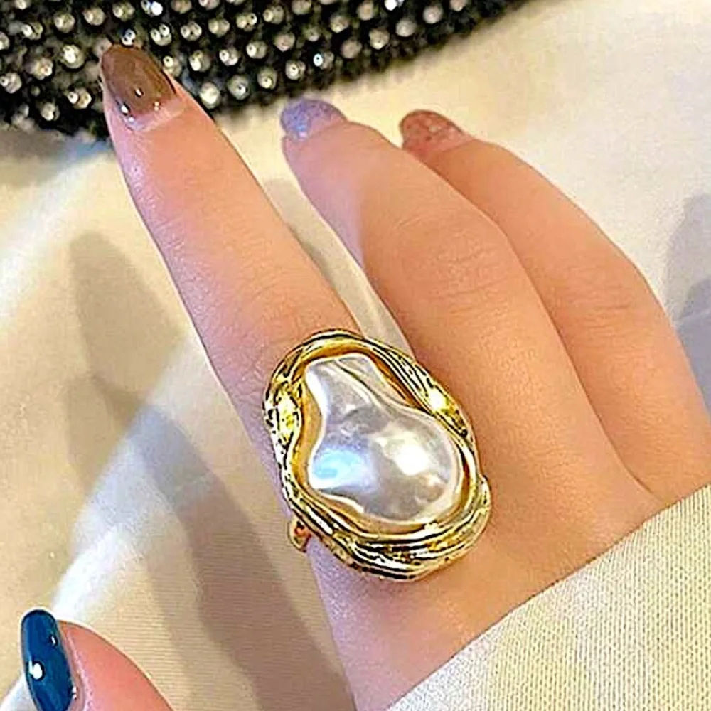 Irregular Pearl Rings Gold Baroque Statement Ring Adjustable Chunky Wedding
